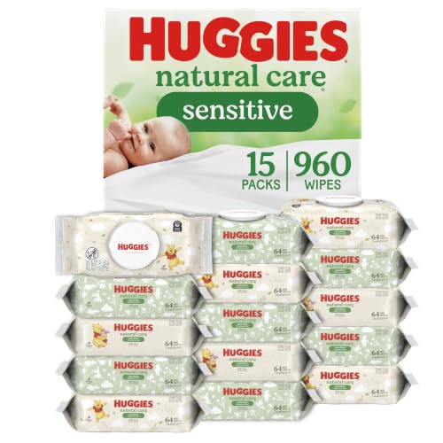 Huggies Natural Care Sensitive Baby Wipes, Unscented, 15 Packs, 960 Wipes | Fragrance Free, Gentle Clean, Hypoallergenic, Dermatologist Tested, No Harsh Irritants, 1-Handed Dispensing