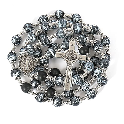 Rosario de San Benito con cuentas de cristal negro y esmalte de San Benito en forma de corazón NR, medalla católica