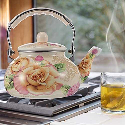 Ushobe Enameled Tea Kettle Floral Porcelain Enameled Tea Kettle Stovetop Water Kettle Boiling Kettle For Kitchen 2. 4L Khaki #TOP3