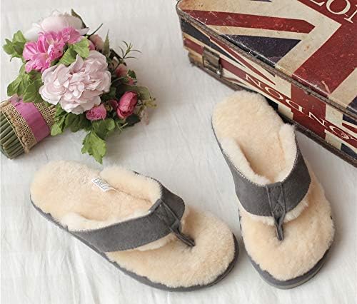 Winter Real Sheep Fur Genuine Sheep Leather One Fur Flip Flops Warm Slides with Fur Lined Women Men Unisex Suede Thong Light Gray | Image 5