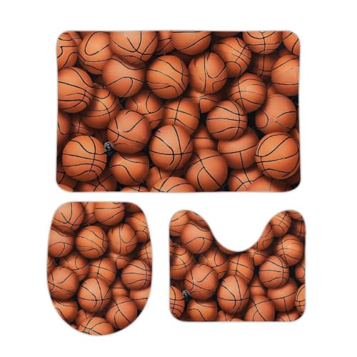 Juego de tres tapetes de piso de terciopelo coral con estampado de baloncesto naranja miniatura 1