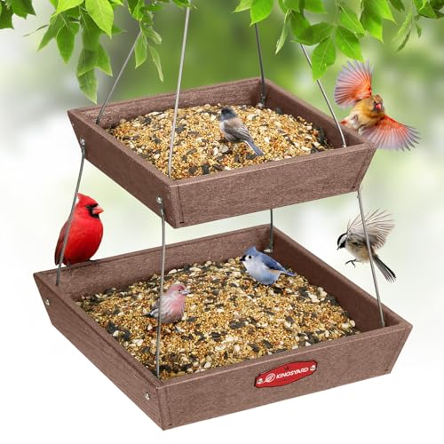 Kingsyard 2 Tier Large Platform Bird Feeders for Outdoors Hanging, 5 lbs Capacity Recycled Plastic Flat Mealworm Bird Feeder Tray, Garden Decoration Attracting Cardinal Blue Jay, Brown