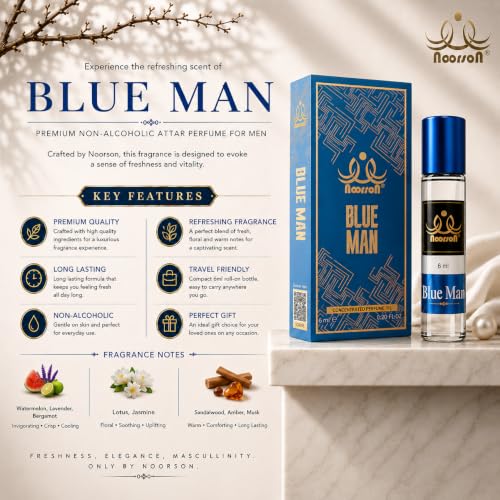Image of Blue Man Attar 6ml - Long Lasting Alcohol-Free Perfume Oil for Men | Premium Fresh Aqua Fragrance | Roll-On Ittar for Daily Wear, Office & Special Occasions