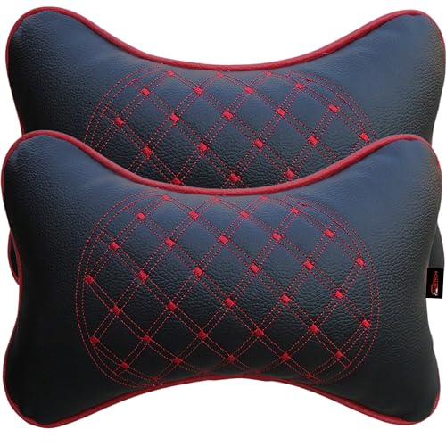 DETACHI Faux Leather Car Neck Rest Pillow/Cushion Set of Pillows Compatible with All Cars (Black, with RED Embroidery) - Pack of 2 Pieces (Image - 1)
