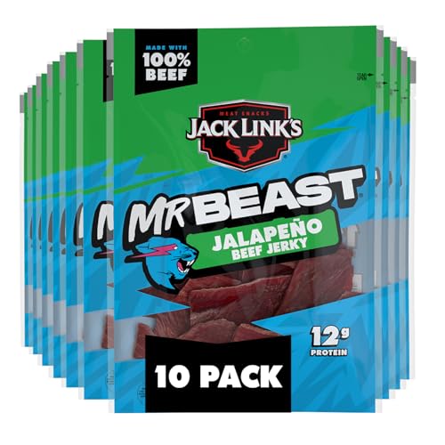 Jack Link's x MrBeast Jalapeño Beef Jerky Multipack - (10 Pack) 1.25 oz Bags - Ready to Eat Real Meat Protein Snacks - 12g Protein per Serving - Made with 100% Real Beef