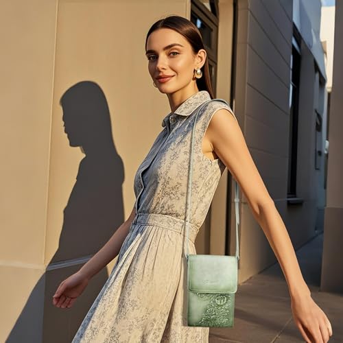 Image of Small Crossbody Bags for Women Trendy Vegan Leather Cell Phone Bag Embossed Flower Design Wallet Purses with Strap