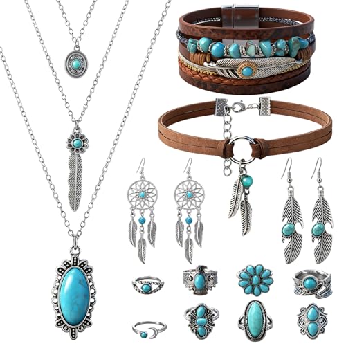 Livdouyu 13 Stück Boho Schmuck Damen, Indianer Schmuck mit Boho Kette, Choker, Ohrringe Türkis,...