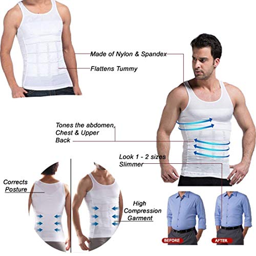 Image of Men's Body Shaper Slimming Shirt Tummy Vest Thermal Compression Base Layer Belly Buster Underwear Slim Muscle Tank Top Shapewear(White)