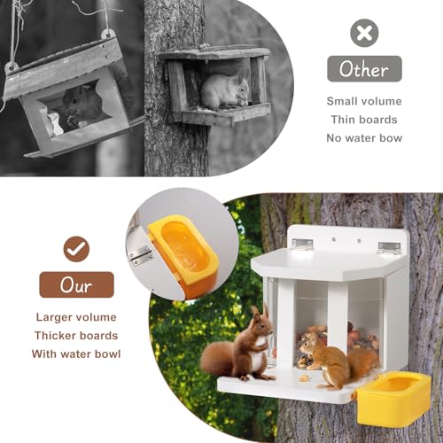 MIXXIDEA Wooden Squirrel Feeder with Water Bowl, Large Capacity Squirrels Feeders for Outside, Sturdy Construction, No Assembly Lovely Chipmunk Feeder for Corn, Peanut, Nuts, Chestnuts (White-1pk)