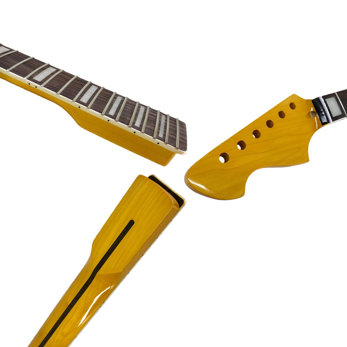 Manico di ricambio per chitarra elettrica in acero per mancini, con vernice gialla lucida, 22 tasti, scala 64,8 cm, tastiera in palissandro con inserto bianco, forma a C, dado normale sul