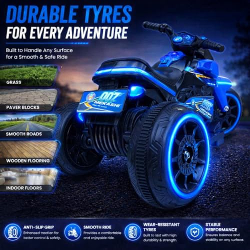 Image of MEKASHI 6V Electric Ride-On Bike for Kids | Turbo Blue | Battery Operated Motorcycle with Bluetooth Music, LED Headlight, Foot Accelerator & Training Wheels | Ride-On Toy for Boys & Girls 1-4 Years