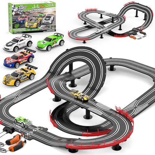 2 in 1 Slot Car Race Track Sets with 4 Slot Cars, 1:43 Electric Car Track for...