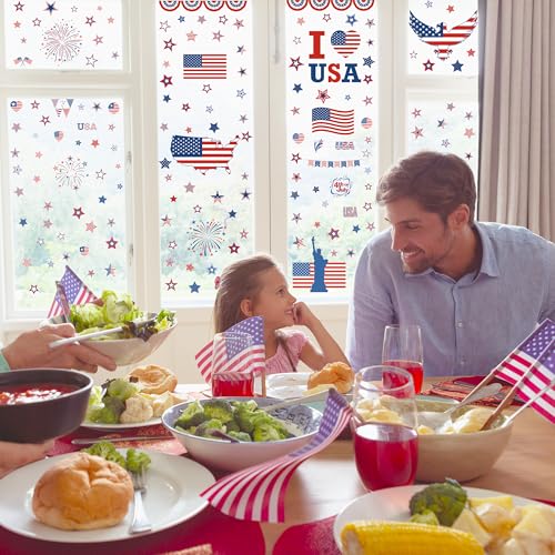 Image of 152 Pcs 4th of July Window Clings, 9 Sheets Patriotic Window Clings Decals, Watercolor Double-Sided American Flag Stars Firework Window Stickers for Independence Day Parade Veterans Memorial Day Decor