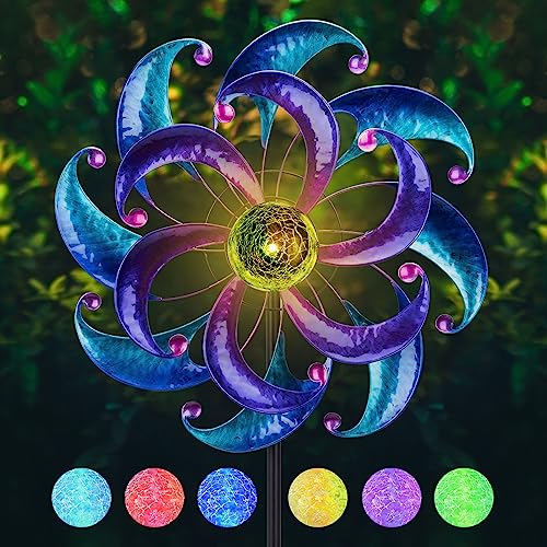 WONDER GARDEN Wind Spinners for Yard and Garden-Solar Wind Spinners - 61 Inch Blue Wind Sculptures & Spinners with LED Changing Light Glass Ball for Garden Patio Outdoor Decor