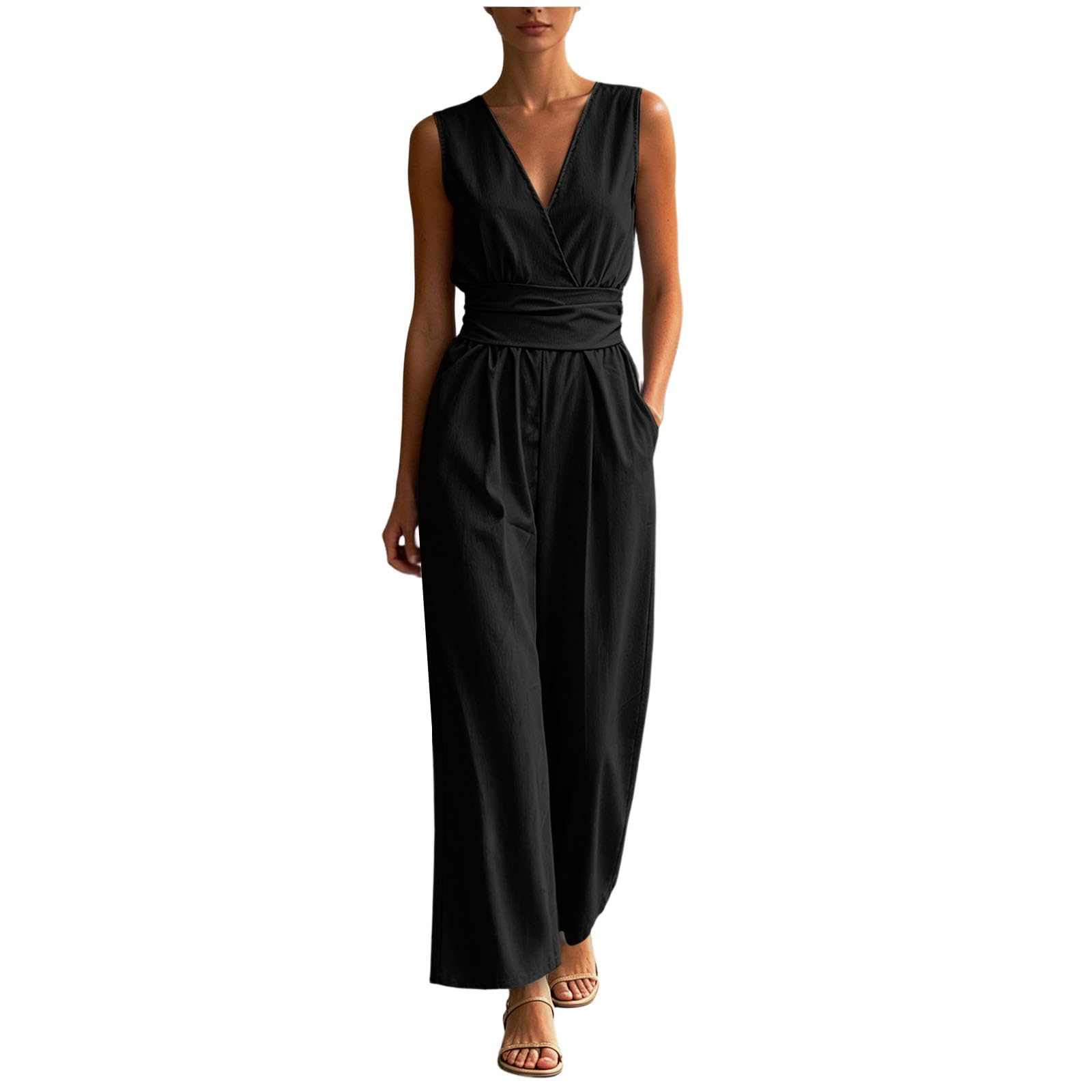 Salopette da Donna Pantalone Lungo da Lavoro Estivi Senza Maniche con Grandi Tasche Scollo a V Elegante Tuta Lang Tutina Jumpsuit Gamba Allentata Vita Alta Aderente Gamba Larga Spiaggia Vacanza Outfit