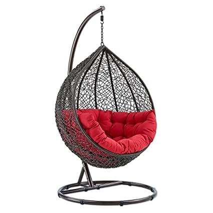Floor Decor Single Seater Hammock Swing Chair with Stand & Big Cushion Hammock Hanging Jhula for Indoor, Outdoor, Balcony,Home, Patio, Balcony, Garden(Brown_Basket & Red_Cushion)