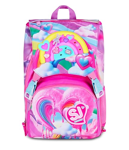 SJ GANG STYLE JAM GANG Zaino Scuola Estensibile JOYFUL PINS GIRL, Rosa, 24L, Zip Laterali, Inserto arcobaleno e pins amovibili, Tasca frontale, Tasca portaborraccia, Scuola elementare, Bambina