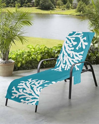 Aqua Coral Beach Chair Towel Covers for Chaise Lounge With Side Pocket, Soft Plush Pool Towels Cover for Patio Sunbathing Outdoor 29''x85'' Summer Ocean Turquoise Coastal Beach Teal