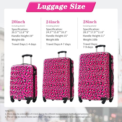 Hardshell Luggage Set 3 pcs Spinner Suitcase Lightweight 20" 24" 28" Leopard Design2
