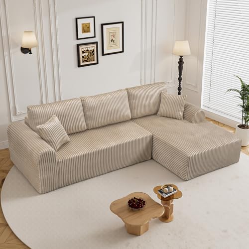 Image of 110 inch L Shaped Boneless Sectional Couches for Living Room, Comfy Corduroy Floor Cloud Sofa with Chaise, Wide Armrest, Deep Seat, Memory Foam, Assembly Free, Ideal for Small Spaces, Brown