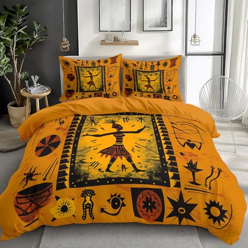 Quixora Housse de Couette Orange-Jaune 220 x 240 cm, Parure de Lit Tribal Africain Ethnique Symboles avec Fermeture Éclair, 2 Taies d'oreiller 65x65cm, Linge...