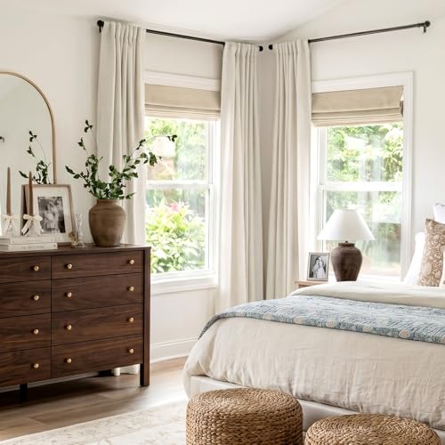 Image of INOVADAY 100% Blackout Curtains for Bedroom, Beige White Black Out Curtains 102 Inch Long, Clip Rings Linen Blackout Drapes, Thermal Insulated Room Darkening for Living Room, 2 Panels - W50xL102