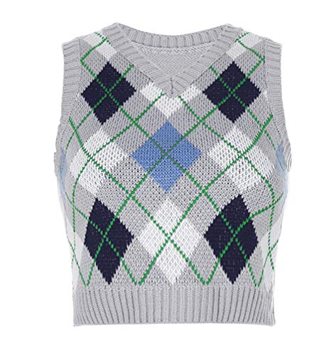 Women Sleeveless Pullover Sweater Vest Top Floral Embroidery Knitwear V-Neck Knitted Crop Top Plaid Waistcoat (J-Grey#3, M)