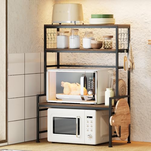 Tohomeor Bakers Microwave Oven Rack Kitchen Countertop Organizer Stand Spice Rack with Adjustable Shelf and 10 Hooks,Wooden Counter Organizer Stand with Cutting Board Holder (Rustic Brown)