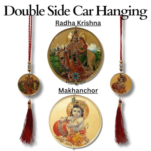 Image of Radha Krishna Car Hanging with Bal Gopal Dual Side Gold Glossy Spiritual Locket for Car Rear View Mirror Decor 13 Inch