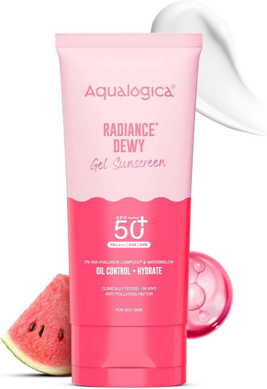 Aqualogica Radiance+ Sunscreen Gel SPF 50+ PA++++ | Broad Spectrum UVA & UVB Protection, Dewy Finish, Lightweight Oil-Free Gel, Hydrating, No White Cast, Non-Greasy & Fast Absorbing Sunscreen, 80g