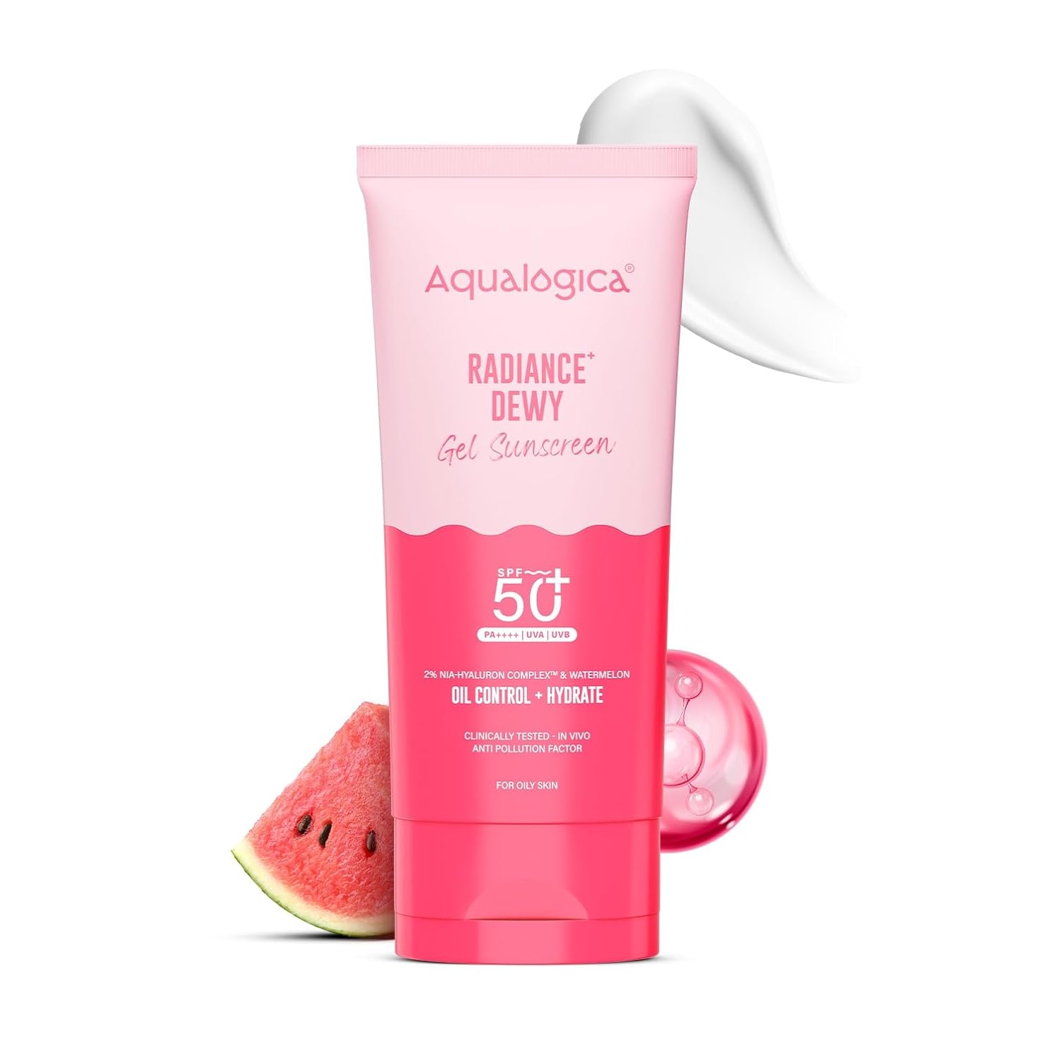 Aqualogica Radiance+ Dewy Sunscreen with Watermelon & Niacinamide with SPF 50 & PA++++ - 80g Broad Spectrum SPF 50+ PA++++ UVA/B & Blue Light Protection Anti-Pollution Factor (APF) Technology