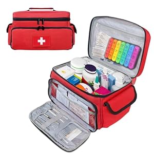 First Aid Bag Empty First Aid Kit Storage Box 12″ x 9″ x 7″ Medical Bag Portable Pill Bottle Organizer Case for Car, Travel, Office, Outdoor, Camping, Hiking, School (Red)
