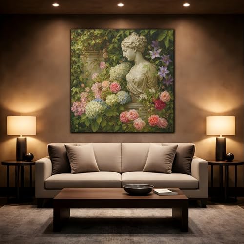 Statue Bust Classical Garden Canvas Print Nature, tableau vert carré 60x60cm de salon