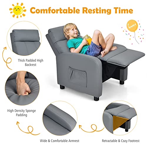 Image of Costzon Kids Recliner, Adjustable PU Leather Lounge Chair w /Side Pockets, Footrest, Headrest for Kids Room & Play Room, Easy to Clean, Padded Recliner Sofa for Children Boys Girls Aged 3-12 (Grey)