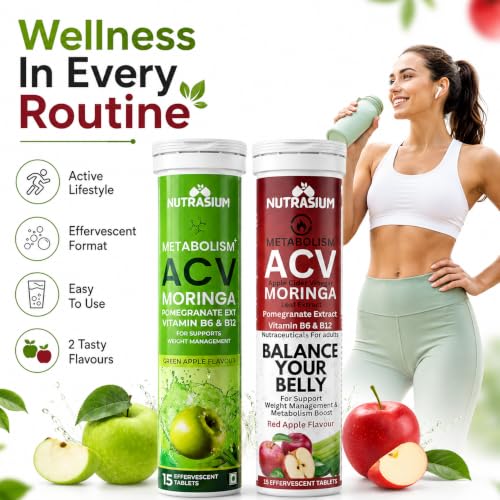 Image of Nutrasium ACV Moringa Metabolism Plus | Apple Cider Vinegar Effervescent Tablet | For Supports Weight Loss, Control Cravings, Convert Fat Into Energy, Boost Energy & Immunity | 30 Tablets Mix Fruit