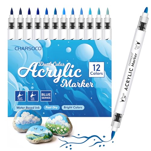 Image of Blue Tones Acrylic Paint Pens, 12 Colors Markers Set with Soft Brush & Bullet Tip, for Rock, Painting, Wood, Glass, Ceramic, Canvas, Stone, DIY Crafts, Making Art Supplies, Fabric Paint