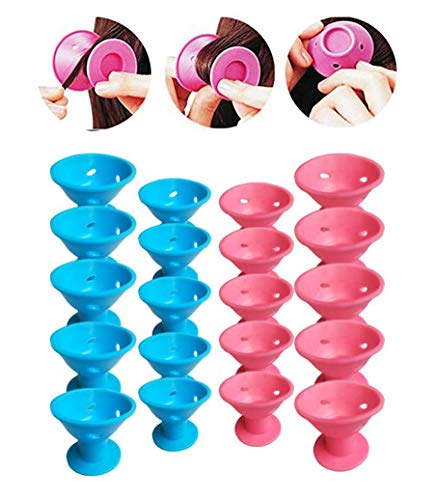 10Pcs Pink + 10Pcs Blue Professional Silicon Hair Curlers Rollers Set Magic DIY Hair Style Tool Accessories-No Heat No Damage to Hair
