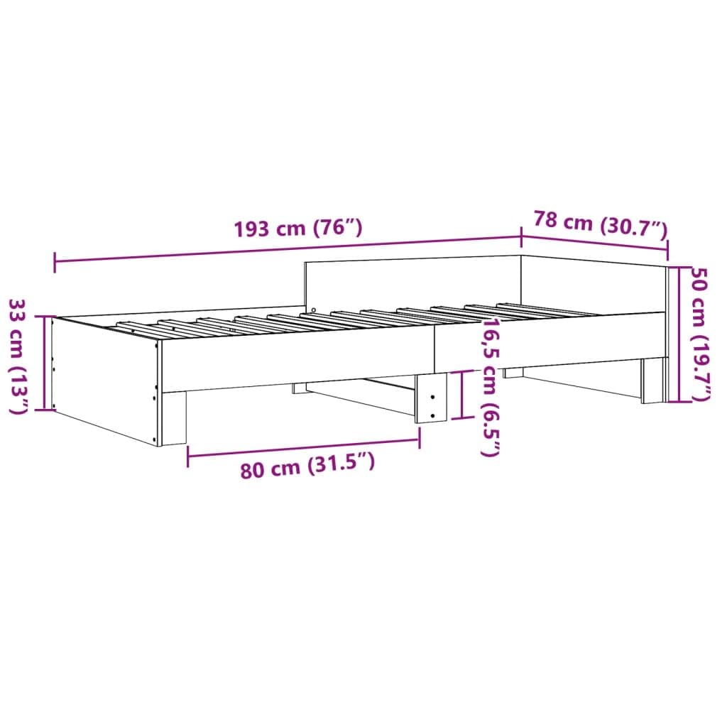 Rama łóżka bez materaca, dąb Sonoma, 75 x 190 cm, materiał drewnopochodny ze stelażem i kratkami bocznymi dla stabilności i bezpieczeństwa, trwały materiał zapewnia spokojny sen,