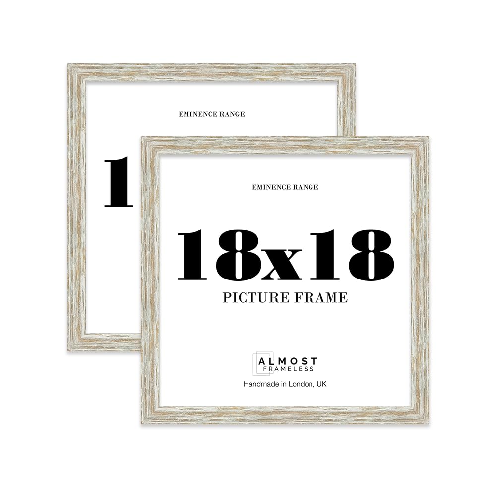 18x18 Distressed White Oak Picture Frame - Rustic Wood Industrial Effect Photo Frame for Wall Display, Ideal for Posters, Prints & Home Décor, Wall Hooks, 32mm Edge - 2 Pack