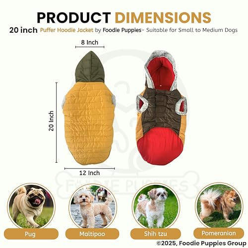 Image of Foodie Puppies Dog Puffer Hoodie Warm Winter Jacket - (Yellow Olive, 20 Inch) for Small to Medium Dogs | Ultra Warm Waterproof & Windproof Fur Coat | Washable Pet Vest Apparel for Cold Weather