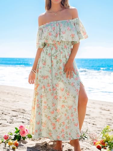 Image of CUPSHE Women Ruffle Floral Maxi Summer Dress Off Shoulder Short Sleeve Backless Flounce Bodice Slit Hem Beach Dresses