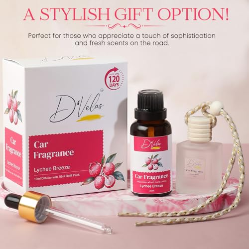 Image of D'Velas 40ml Car Freshener Diffuser Set- Long-Lasting Upto 120 Days | Lychee Breeze | No Paraben | 10ml Wooden Lid Bottle with 30ml Refill | Perfume Diffuser | Odor Eliminator for Car Interior