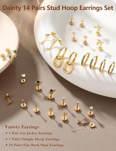 LOLIAS Hypoallergenic Surgical Steel Earrings for Sensitive Ears 20G Silver/Gold Flat Back Earrings for Women Trendy Small Stainless Steel Earrings Dainty Flatback Stud Hoop Earring Sets for Multiple Piercing 14Pairs3