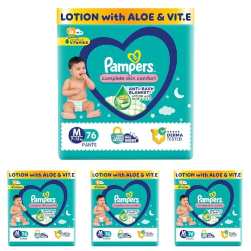 Image of Pampers Complete Skin Comfort Pants, (M) 76 Count, Anti-rash blanket, Lotion with Vitamin E & Aloe Vera, Medium, 7-12kg (Pack of 4)