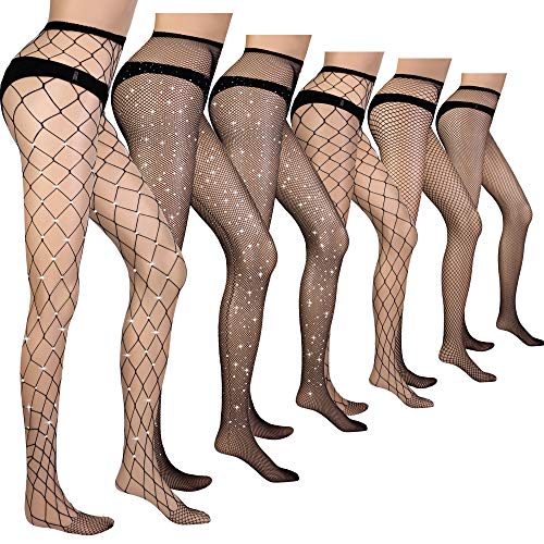 Fishnet Stockings Set Glitter Rhinestone Pantyhose High Waist Fishnet Tights for Women (6 Pairs)