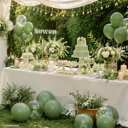 Image of SUWEN Sage Green and Confetti Balloons Set 47PCS Olive Green Latex | Helium Balloon for Birthday Anniversary Party Decorations