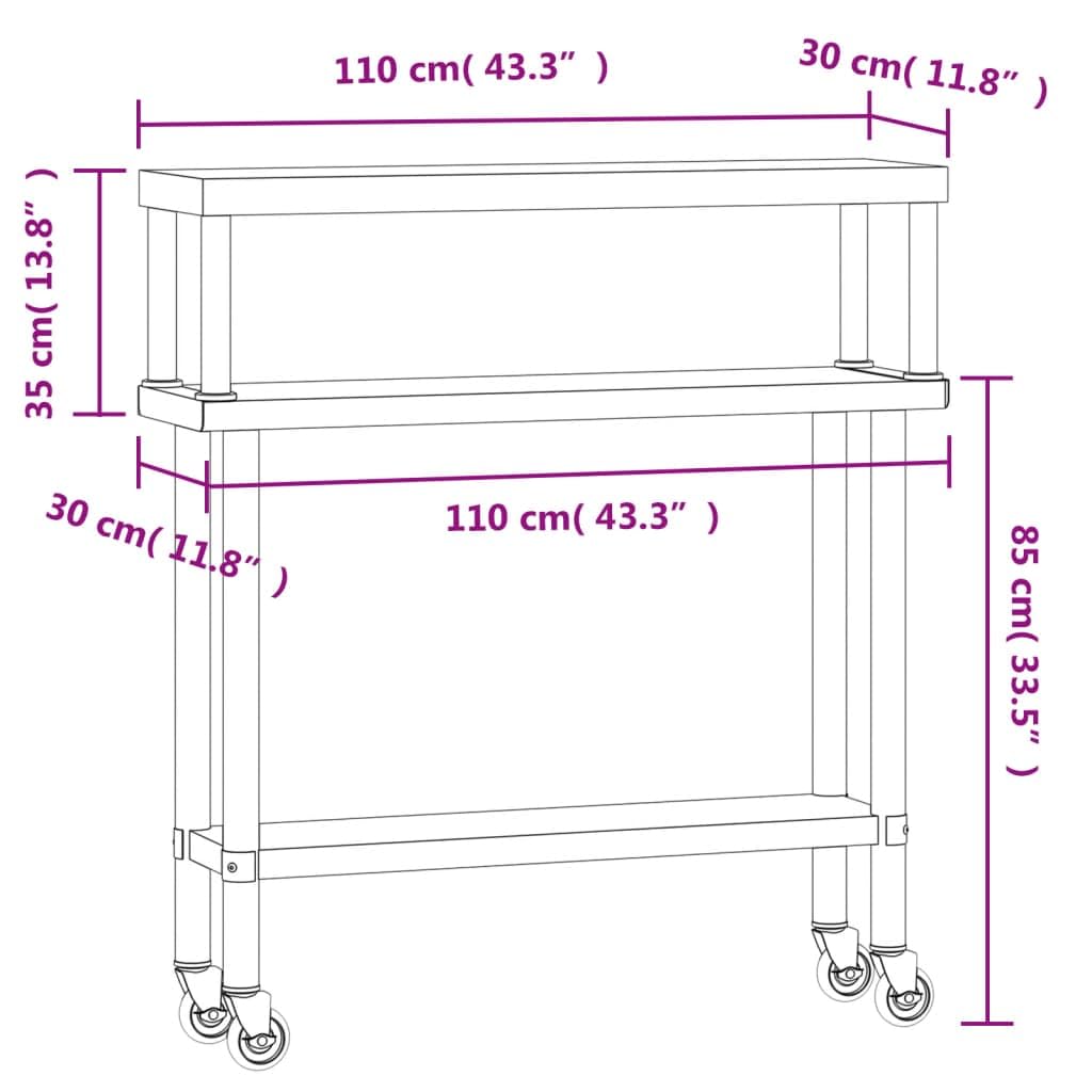 Mesa de trabajo de cocina de acero inoxidable con placa superior 110 x 30 x 120 cm, 4 ruedas con freno, suministros de gastronomía para restaurante, catering, bar, bistró, pizzería, comercial