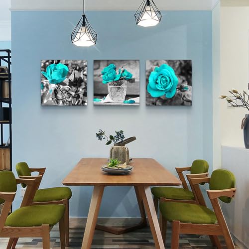 DZRWUBHS Large Wall Art For Living Room 3 Piece Wall Decor For Bedroom Black And White Paintings Flowers Pictures Blue Rose Boho Office Wall Art Prints Ready To Hang Room For Girls Home Decoration