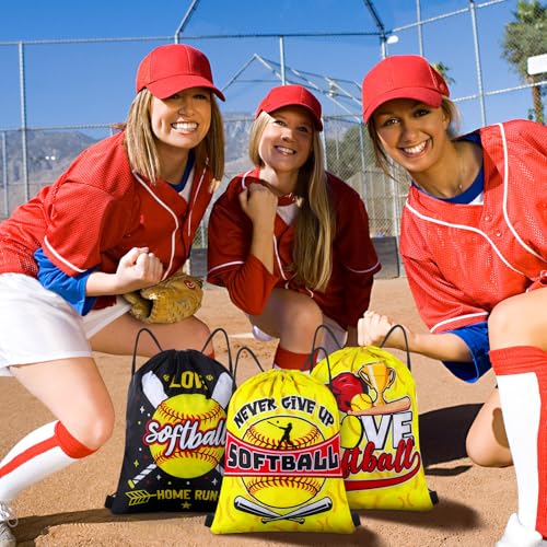 Image of Honoson 16 Pcs Softball Drawstring Backpack Softball Goodie Bags Baseball Gift Bags Drawstring Backpack Baseball Party Favors Snack for Sports Team Birthday Party Supplies