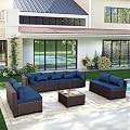 Rattaner 9 Pieces Outdoor Sectional All-Weather HDPE Brown Wicker Patio Furniture Set Patio Sectional and Glass Patio Table Non-Slip Cushions and Waterproof Covers, Navy Blue